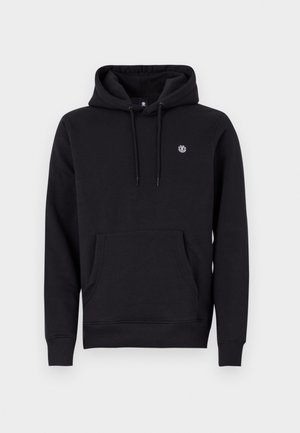 Sweatshirt preto com capuz, feito de tecido misto de algodão. Apresenta um bolso frontal tipo canguru, punhos canelados e um pequeno logótipo no peito.