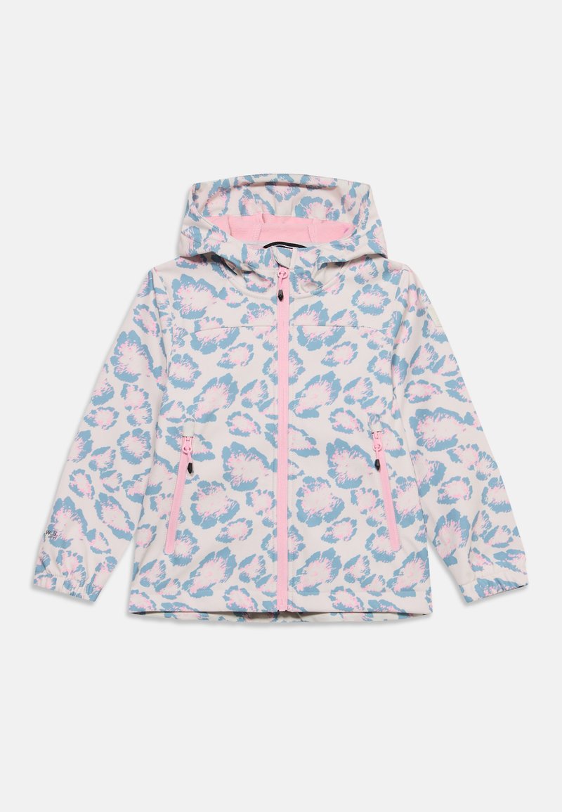 Veste à capuche pour enfant avec imprimé léopard bleu et rose, fermeture éclair rose et deux poches zippées à l'avant sur fond clair.