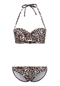 Bikini-Set im Leopardenmuster mit gepolstertem, trägerlosem Oberteil mit Halterbändern und passendem, niedrig sitzendem Höschen, beide in Nuancen von Braun und Schwarz.