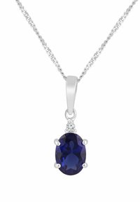 Srebrny naszyjnik z owalną, fioletową zawieszką z kamieniem szlachetnym, zabezpieczoną czterema ramionami, z małym przezroczystym kamieniem nad gemem.