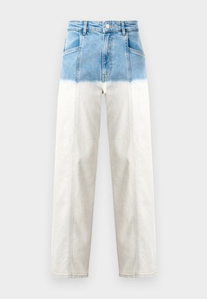 Denim farkut, joissa on sininen yläosa, joka haalistuu valkoiseksi. Korkea vyötärö, suora lahje ja näkyvät ompeluyksityiskohdat.