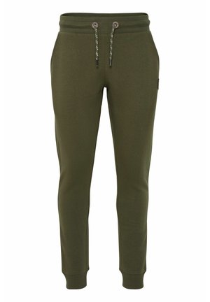 Olivgrüne Jogginghosen aus weichem Stoff, mit elastischem Bund und Kordelzug sowie gerippten Bündchen. Keine sichtbaren Muster oder Akzente.