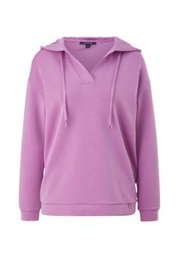 Sudadera de un púrpura claro con cuello en V y capucha con cordones. Presenta un corte relajado, mangas largas y un pequeño detallito metálico en el dobladillo.