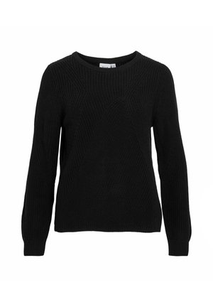 Sort strik sweater med et struktureret mønster, der har en rund halsudskæring og lange ærmer. Designet inkluderer diagonale syninger.