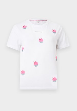 White short-sleeve T-shirt with pink cupcake patterns and text "CHERRY ON TOP" printed in small black letters below the neckline.