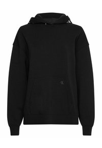 Felpa nera con cappuccio, taglia oversize, materiale in cotone, tasca frontale, polsini e orlo a coste, logo discreto sul fronte.