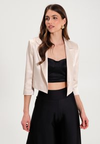 Heller rosa, kurz geschnittener Blazer mit satinierter Oberfläche, langärmlig und mit Reverskragen, kombiniert mit einem schwarzen, kurz geschnittenen Top und weiten Hose.