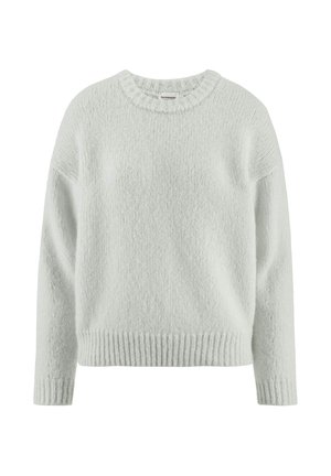 Hellgrauer, gestrickter Pullover mit langen Ärmeln, gerippten Bündchen, Saum und Rundhalsausschnitt, vor einem weißen Hintergrund präsentiert.