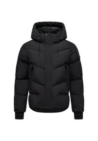 Giubbotto piumino nero con cappuccio. Presenta un design trapuntato, polsini elasticizzati e due tasche laterali con zip. Realizzato in materiale resistente alle intemperie.