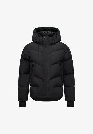 Black puffer jacket with a hood. Features a quilted design, elastic cuffs, and two zippered side pockets. Made from weather-resistant material.