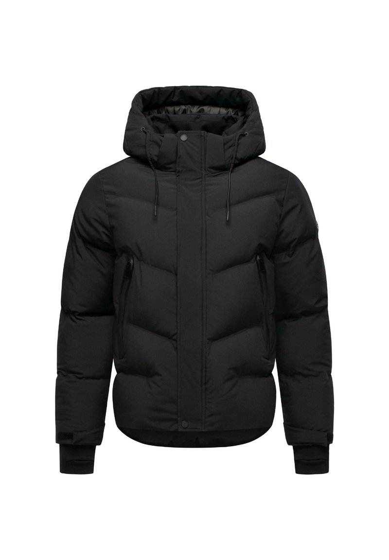Giubbotto piumino nero con cappuccio. Presenta un design trapuntato, polsini elasticizzati e due tasche laterali con zip. Realizzato in materiale resistente alle intemperie.