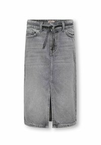 Pilkos džinsinio audinio pieštuko sijonas su priekinėmis išpjovomis, diržo kilpos ir su juosmeniu surišamu audinio diržu.