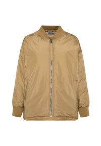Khakifarbene Bomberjacke mit Reißverschluss vorne, elastischen Bündchen und Seitentaschen. Hergestellt aus glattem, leichtem Material mit dezentem Glanz.