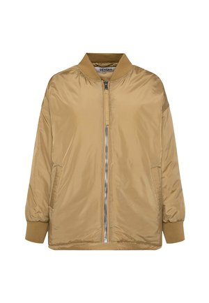 Khaki bomber jacket with a zippered front, elastic cuffs, and side pockets. Made of smooth, lightweight material with a subtle sheen.