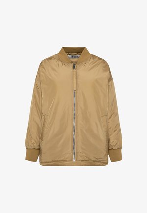 Khaki bomber jacket with a zippered front, elastic cuffs, and side pockets. Made of smooth, lightweight material with a subtle sheen.