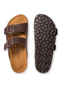 Sandali marroni slip-on con due cinturini regolabili, una soletta testurizzata marrone e una suola in gomma con motivo. Realizzati in materiali sintetici.