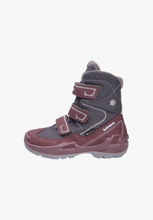 Dunkelgrauer und burgunderfarbener Winterstiefel mit Klettverschlüssen, strukturiertem Stoff und einer dicken Gummisohle. Mit einem Schneeflocken-Muster und wasserabweisendem Material.