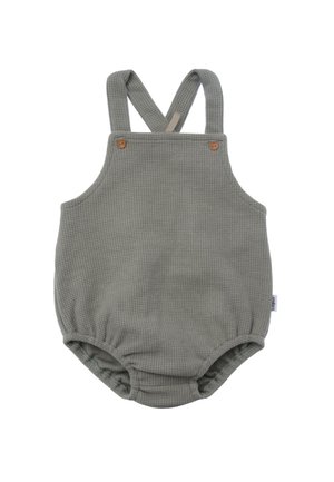 Grau melierter Baumwoll-Overall mit Waffelstruktur, verstellbaren Trägern, Holzknopfdetails und elastischer Unterseite für einen bequemen Sitz.