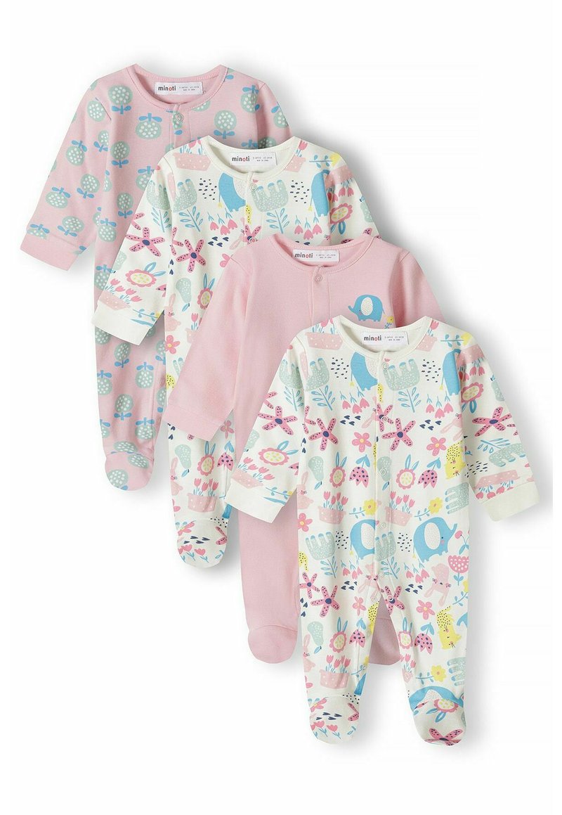 Set di quatro pigiami per neonati in colori pastello, con motivi floreali e animali. Realizzati in morbido cotone, maniche lunghe e chiusure a pressione.