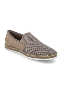 Scarpa slip-on con tomaia in rete perforata marrone, dettagli in suede beige e lavorazione in juta intrecciata attorno alla suola. Suola in gomma bianca.