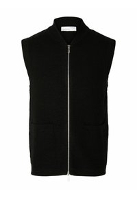 Svart ärmlös stickad väst med rund krage, framdragkedja och två sidofickor. Mjuk textur med en kortad design.
