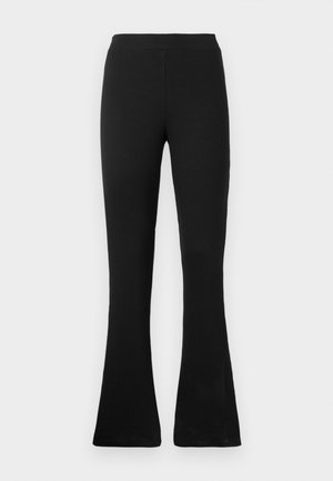 Black ribbed flared pants with a high waist. Soft, elastic material provides a form-fitting silhouette and flared bottom for style and comfort.