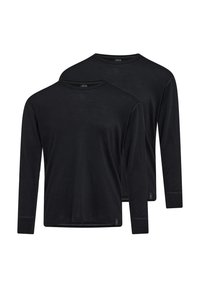 Black long-sleeve shirts in a pack of two. Soft fabric, crew neck design, and fitted cuffs, featuring a small brand tag on the lower hem.