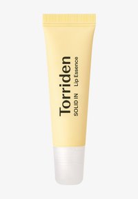 Gul tube med lip essence og en klar kæbe. Har fed sort tekst. Glat tekstur, kompakt design for nem portabilitet.