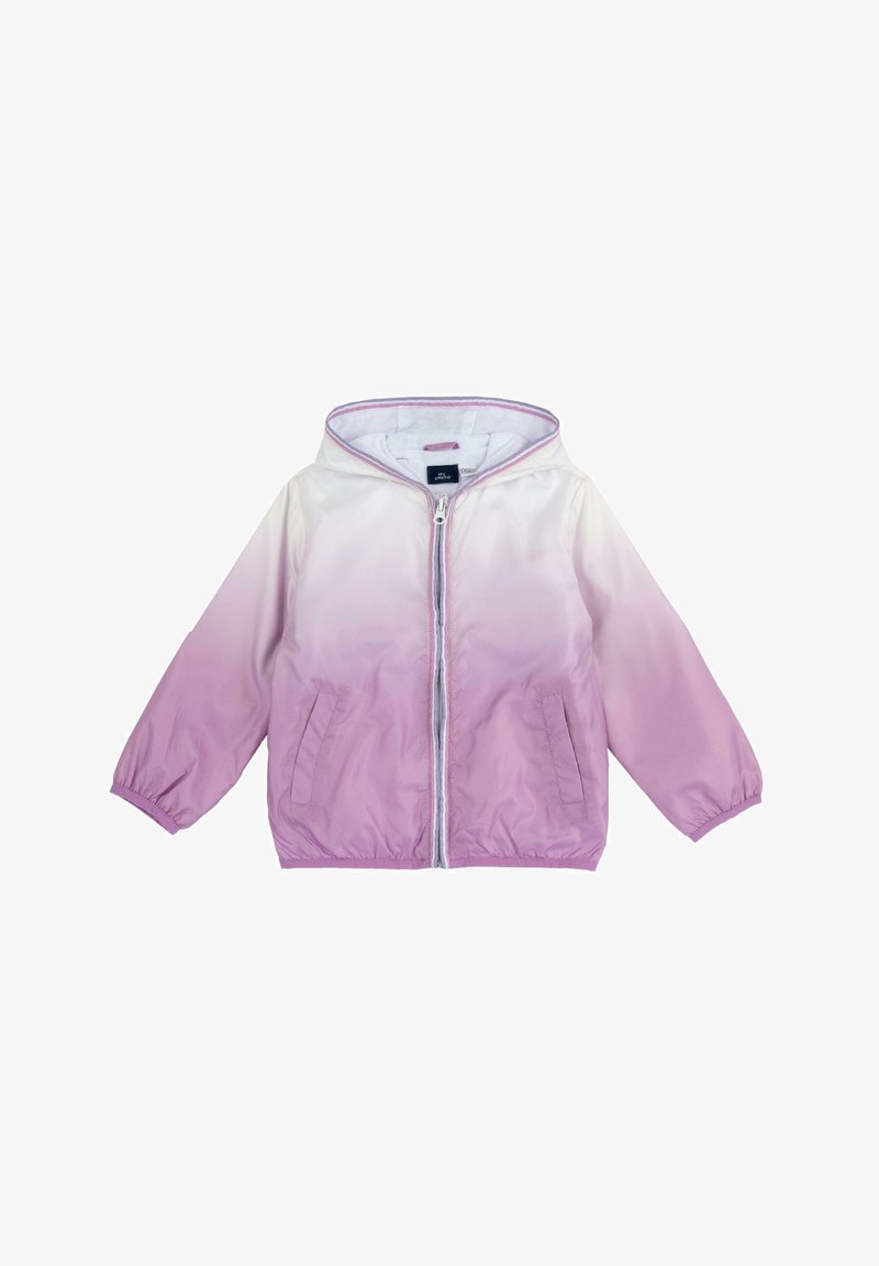 Veste à capuche légère avec un dégradé allant du blanc au rose pâle. Comprend des poignets élastiques, deux poches latérales et une fermeture éclair à l'avant.