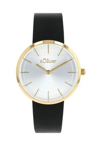 Schwarze Lederarmbanduhr mit rundem goldenen Gehäuse, weißem strukturiertem Zifferblatt, goldenen Stundenmarkierungen und Zeigern. Markenname "s.Oliver" angezeigt.
