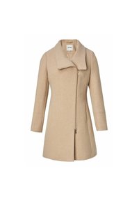 Manteau en laine beige avec un large col, fermeture éclair sur le devant et manches trois-quarts. Présente des coutures ajustées et un design de ourlet évasé.