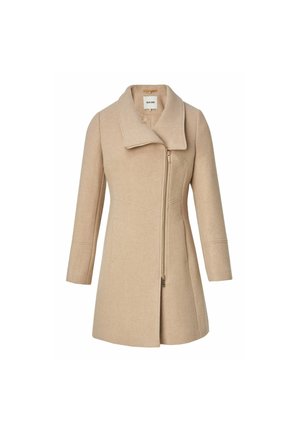 Manteau en laine beige avec un large col, fermeture éclair sur le devant et manches trois-quarts. Présente des coutures ajustées et un design de ourlet évasé.