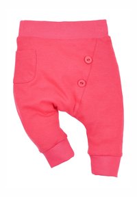 Roze katoenen babybroekjes met een geribbelde tailleband, zijzak en twee knopen aan de voorkant. Heeft cuffs aan de onderkant voor een aansluitende look.