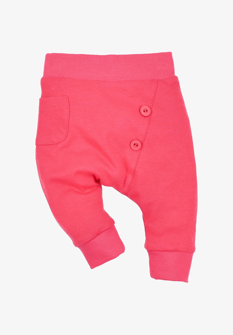 Pantalons en coton rose pour bébé avec une taille élastique côtelée, une poche latérale et deux boutons sur le devant. Présente des ourlets à revers pour un look ajusté.