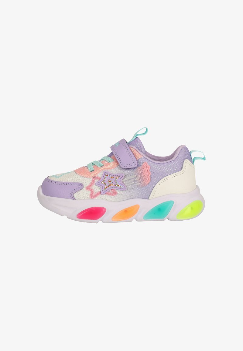 Leichter Sneaker mit einem Netzobermaterial in sanften Farben, dekorativen Mustern und einem sicheren Klettverschluss. Die Sohle hat farbige Akzente.