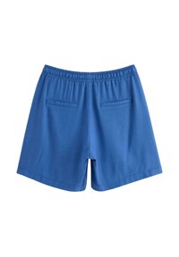 Shorts di cotone blu con cintura elastica, due tasche posteriori e orlo dritto. Tessuto morbido con design minimalista.