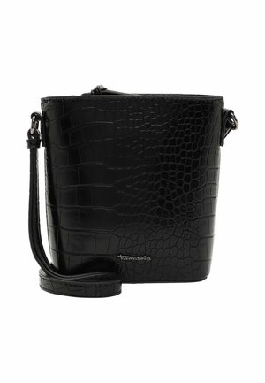Schwarze Kunstleder-Crossbody-Tasche mit strukturiertem Krokodilmuster, rechteckiger Form, verstellbarem Gurt und dezentem Branding an der Unterseite.