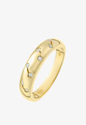 Kuldne sõrmus, millel on ühtlaselt jaotatud väikesed ümmargused teemandid sileda ja poleeritud pinna sees. Disain on voolujooneline ja kumer.