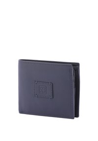 Portefeuille en cuir bleu marine de forme rectangulaire, avec logo embossé, détails de couture et plusieurs emplacements pour cartes à l'intérieur. Design plié.