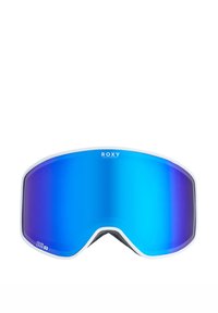 Roxy skibril met een lens in een blauw naar paars verloop, een wit montuur en een zwarte binnenvoering. Het ontwerp is gebogen voor een nauwsluitende pasvorm.