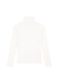 Weißes Langarm-Turtleneck-Shirt mit hohem Kragen, präsentiert vor einem schlichten weißen Hintergrund.