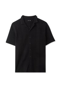 Camicetta nera a maniche corte con collo a contrasti, caratterizzata da un motivo in maglia testurizzato e chiusura a cinque bottoni. Taglia XL.