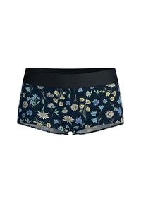 Boxershorts mit floralem Muster, einem navyblauen Hintergrund, einem schwarzen Bund und verschiedenen hellen Blumendesigns. Hergestellt aus weichem Stoff.