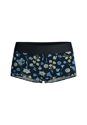 Boxershorts met een bloemmotief, gekenmerkt door een marineblauwe achtergrond, een zwarte tailleband en verschillende lichtgekleurde bloemenontwerpen. Gemaakt van zacht stof.