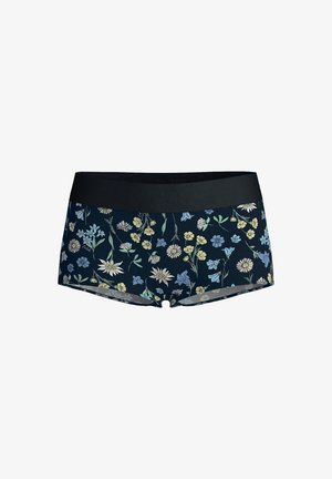 Boxershorts met een bloemmotief, gekenmerkt door een marineblauwe achtergrond, een zwarte tailleband en verschillende lichtgekleurde bloemenontwerpen. Gemaakt van zacht stof.