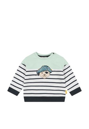 Sudadera de manga larga con rayas para niño pequeño, con sección superior en verde menta y parche de oso pirata en el frente.