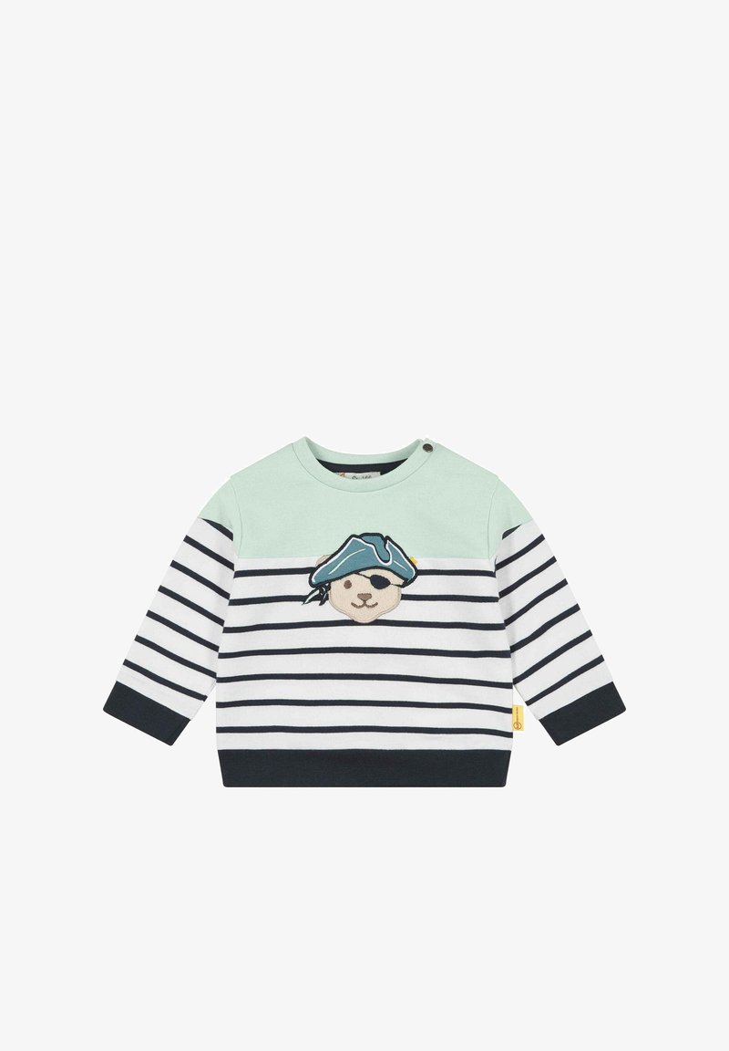 Sweat-shirt à manches longues pour tout-petit à rayures, avec une section supérieure vert menthe et un patch ours pirate sur le devant.
