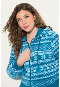 Sudadera de felpa azul con cremallera, que presenta rayas estampadas, acentos de pom-pom y capucha. El diseño incluye corazones y copos de nieve en azul claro.