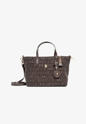 Brown fabric handbag with embossed logo pattern, gold hardware accents, dual top handles, removable shoulder strap, and a zippered pocket.