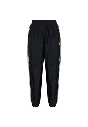 Sorte Adidas træningsbukser med elastisk talje, lynlåse ved manchetterne, hvide tre striber ned langs siderne og lille logo på øverste venstre lår.